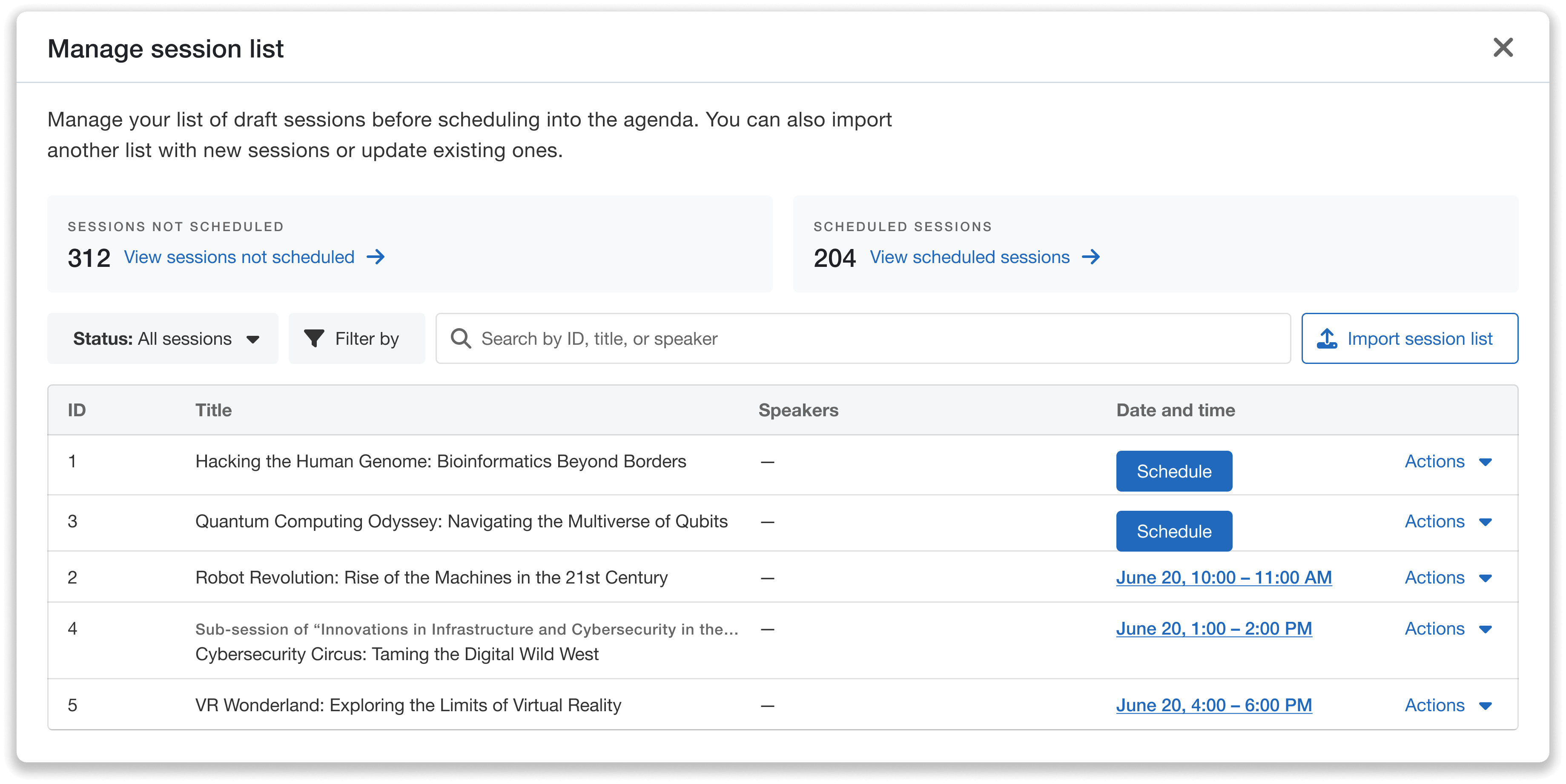 Manage session list