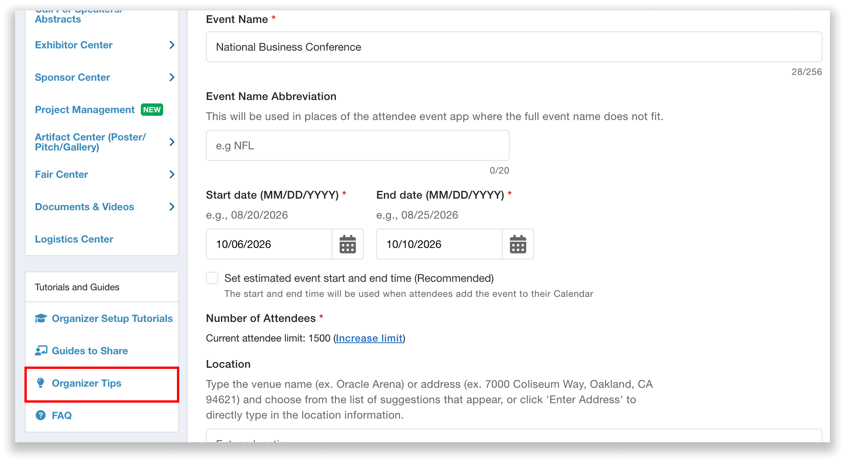 "Organizer Tips" option in the dashboard