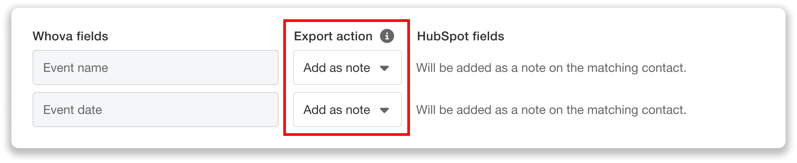 Event name and date mapped to add as a note in HubSpot.