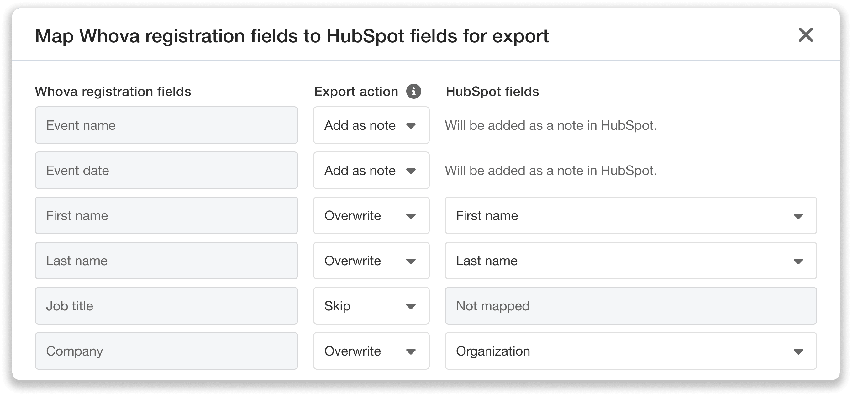 Map Whova fields to HubSpot fields for export.