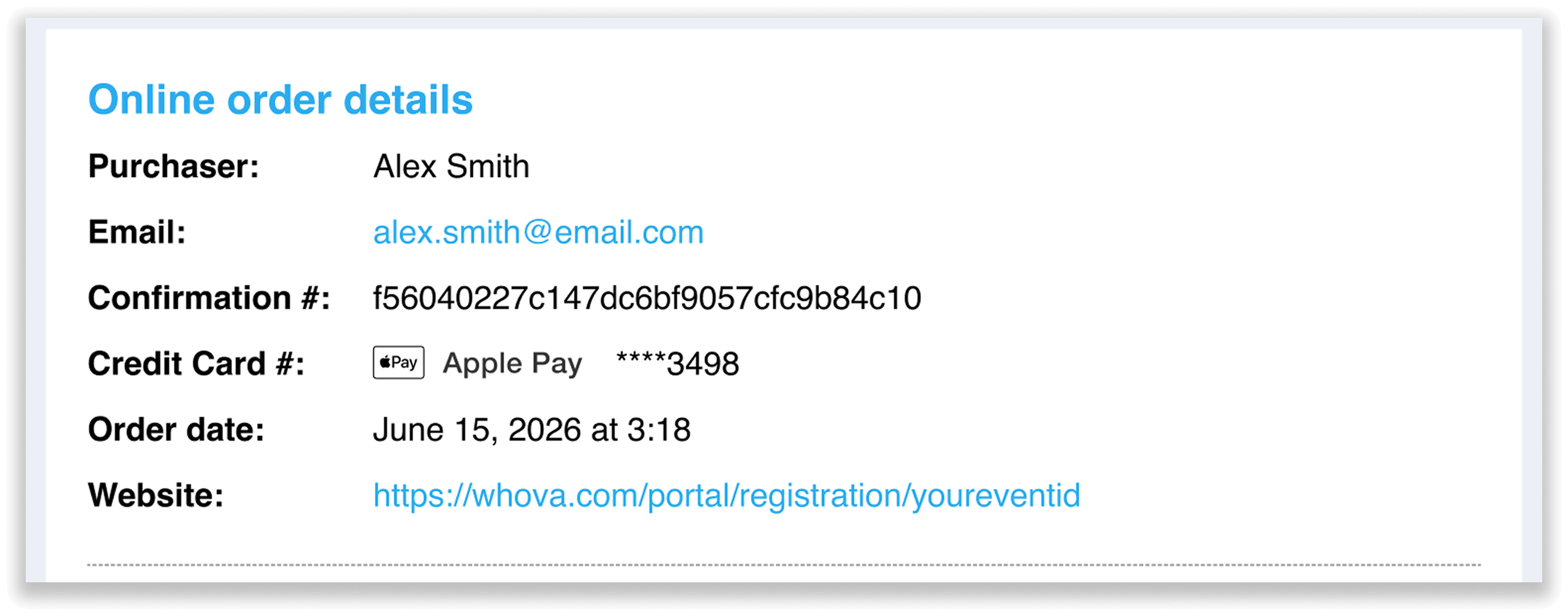Email confirmation with Apple Pay card information