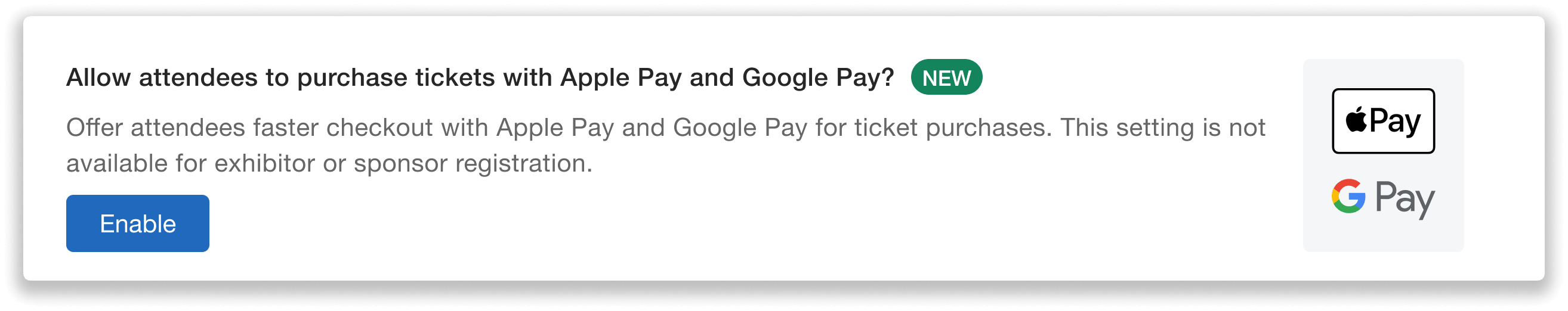 Allow attendees to purchase tickets with Apple Pay and Google Pay