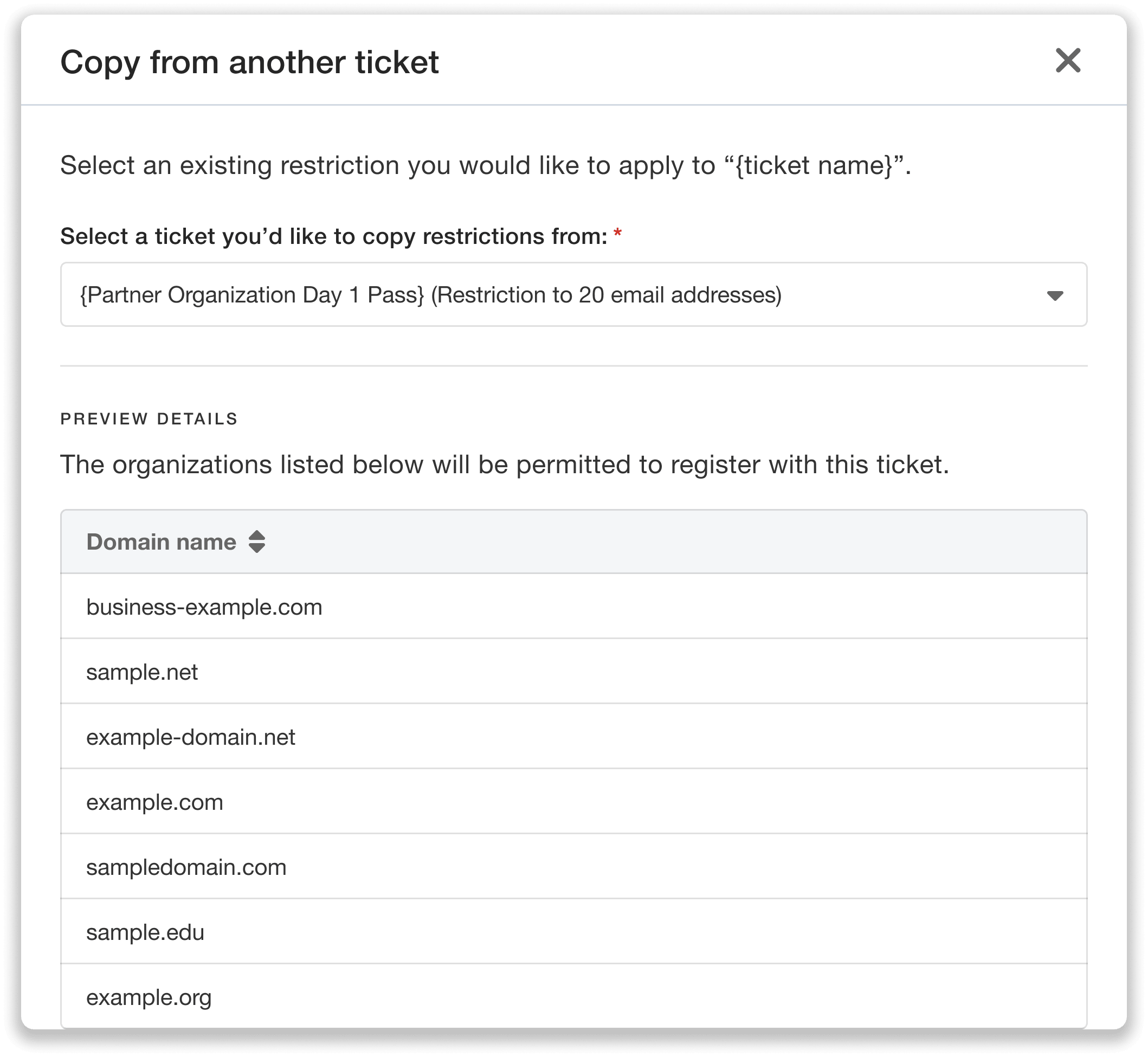 Select ticket and preview restrictions