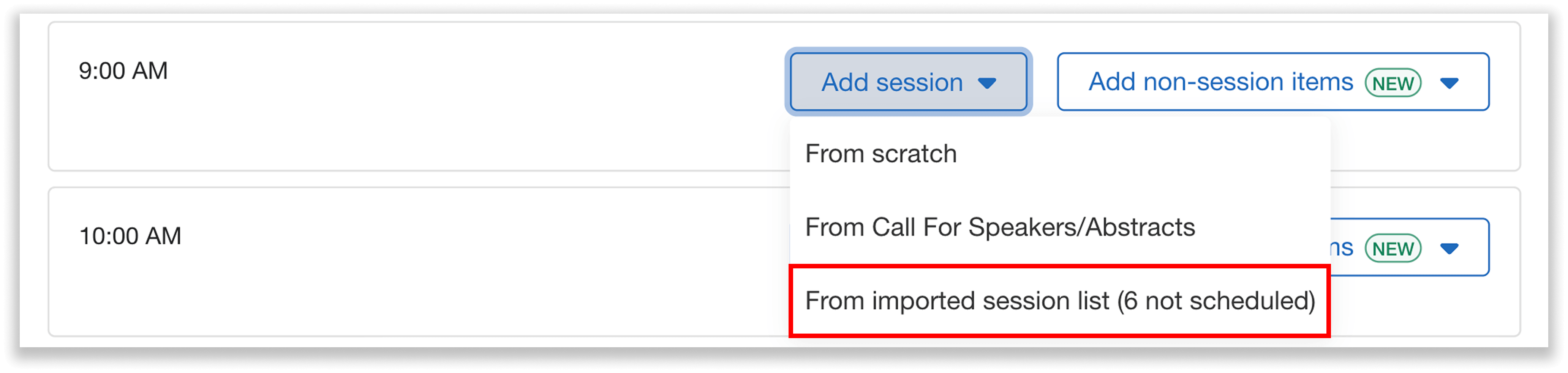 Add session from imported session list
