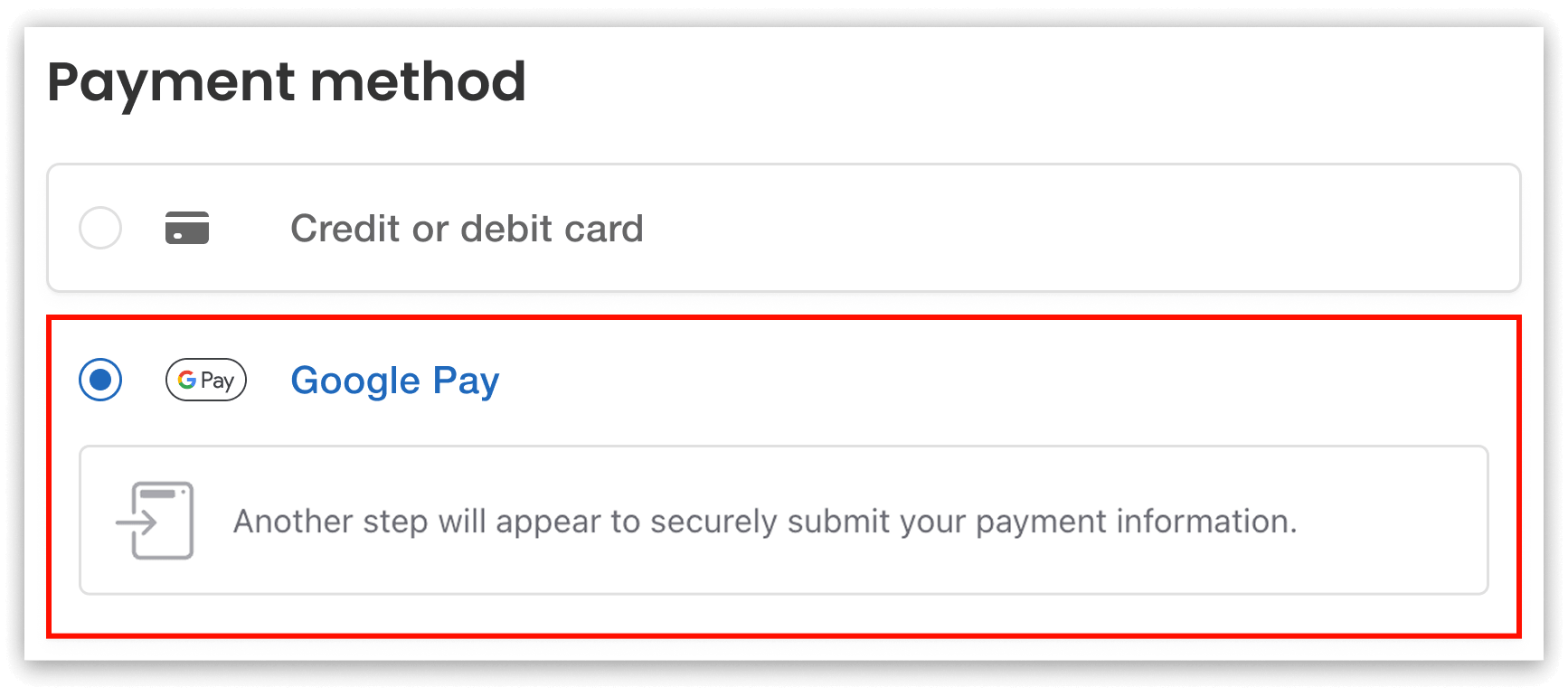Google Pay option under Payment Method