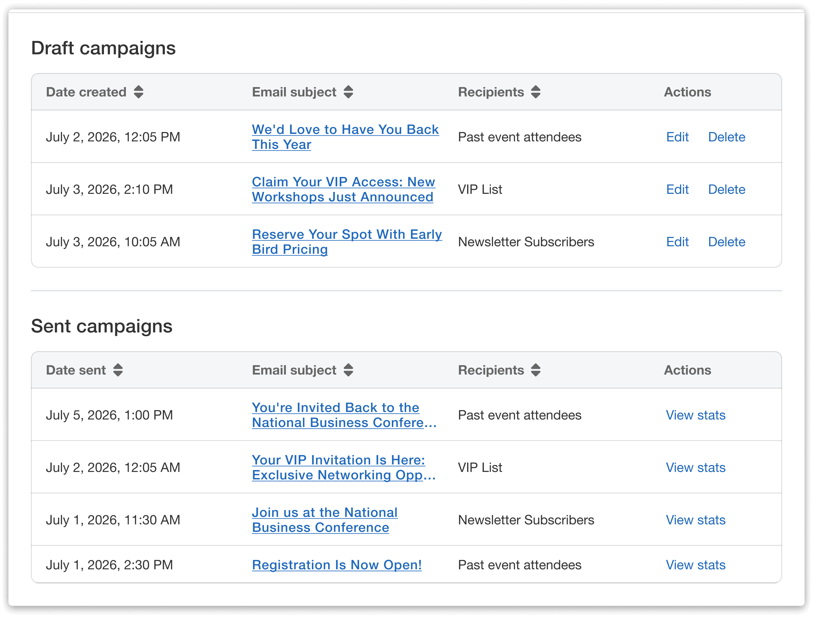 View draft and sent campaigns