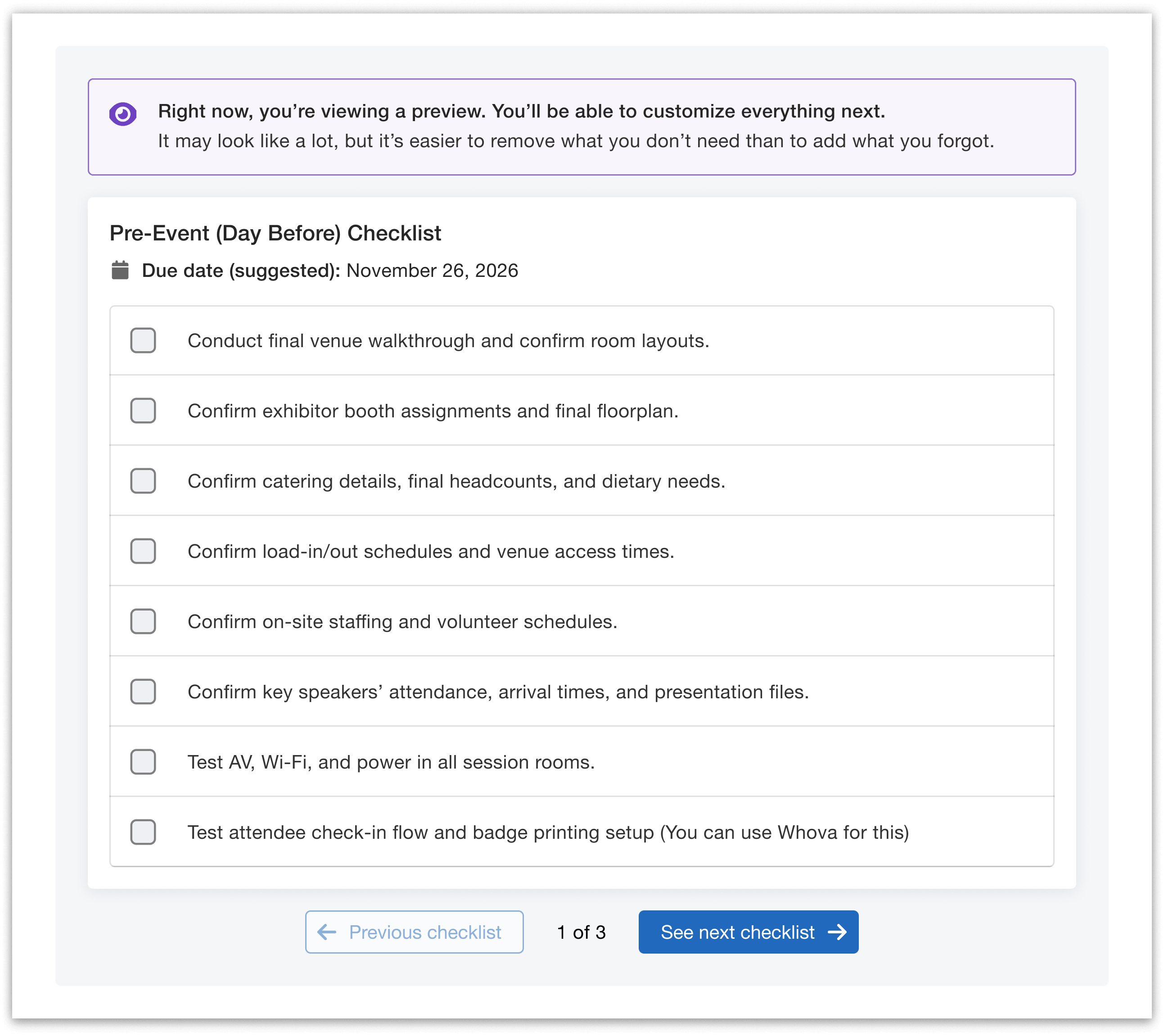 Pre-event checklist preview