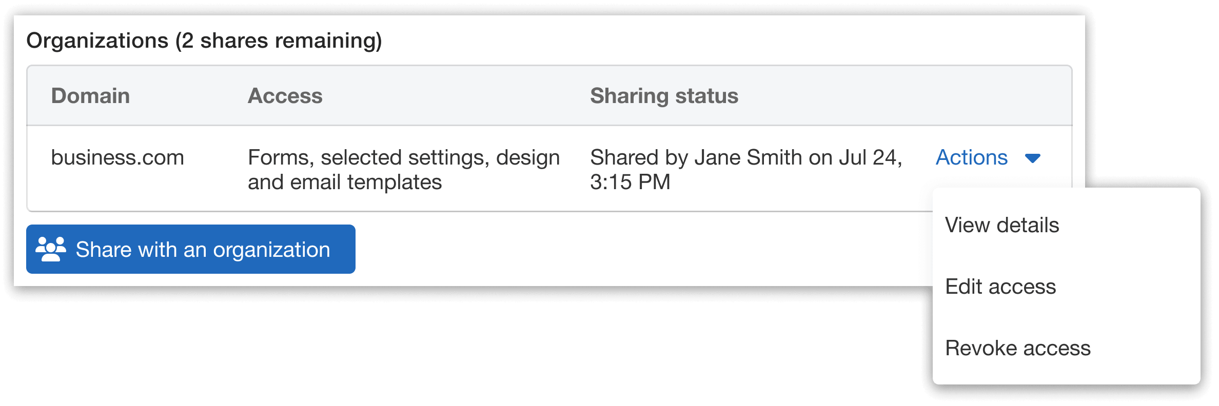 Shared templates with organization action dropdown