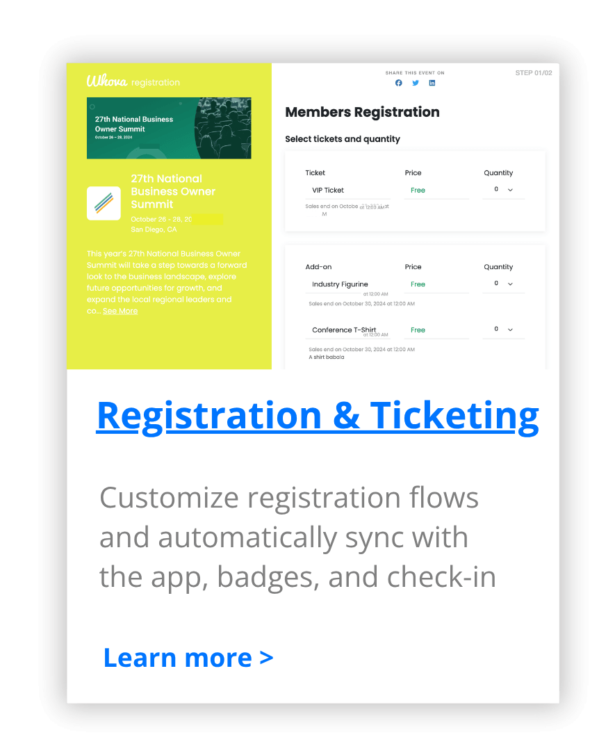 registration-and-ticketing Whova's registration and ticketing allows registration form customizations and multiple ticket types