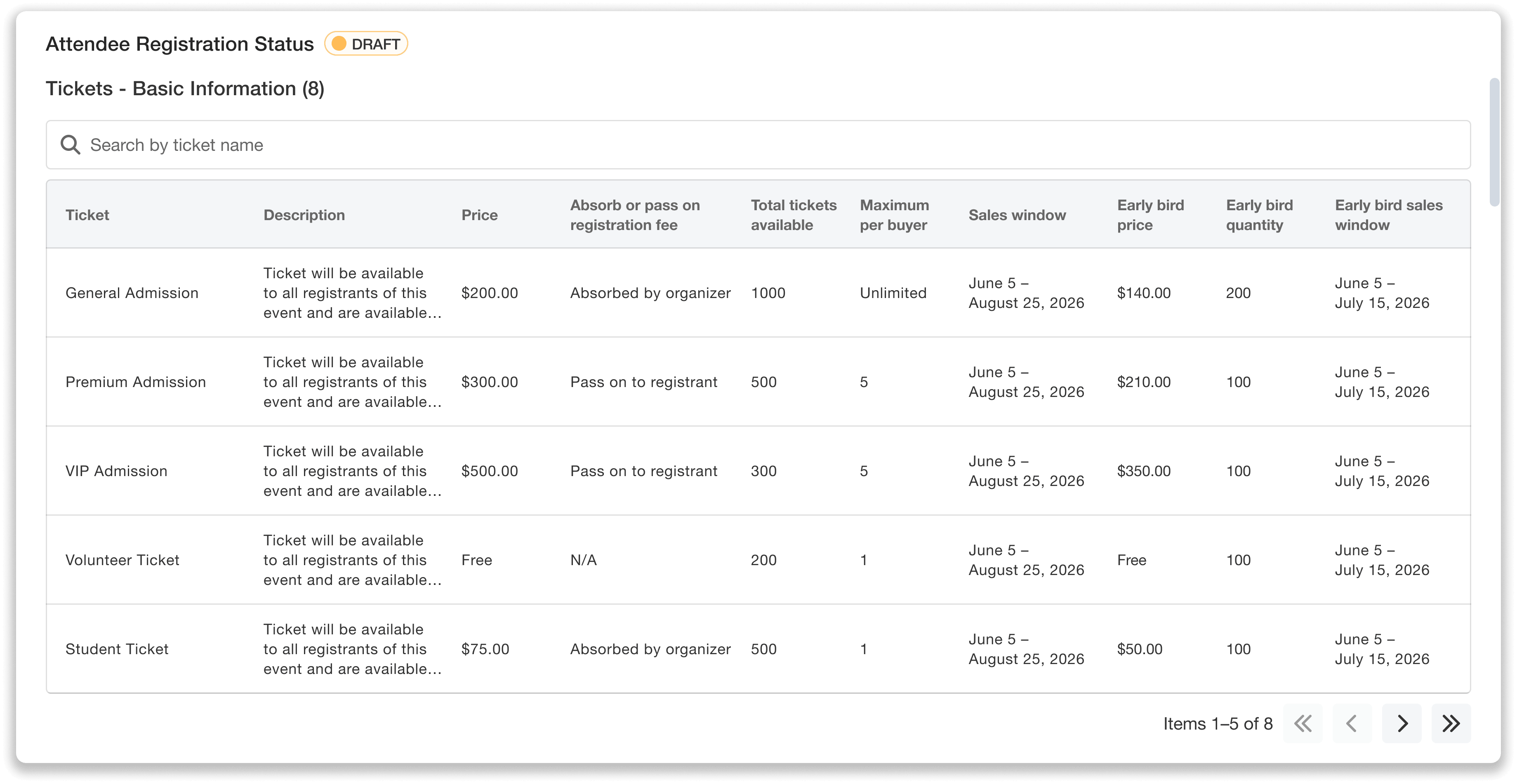 Review registration information in bulk: ticket details, pricing, etc.