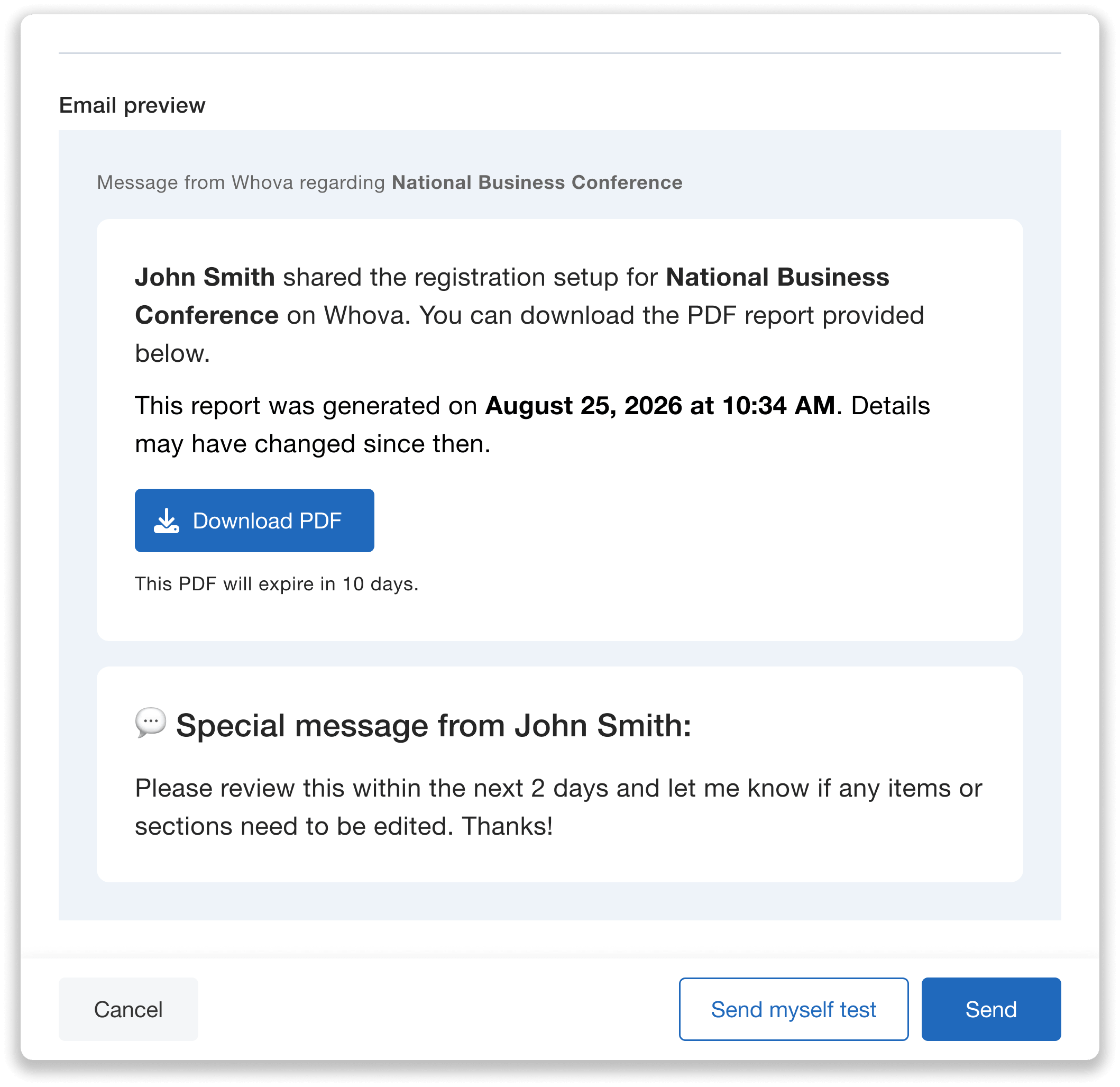 Preview email details to share registration setup PDF