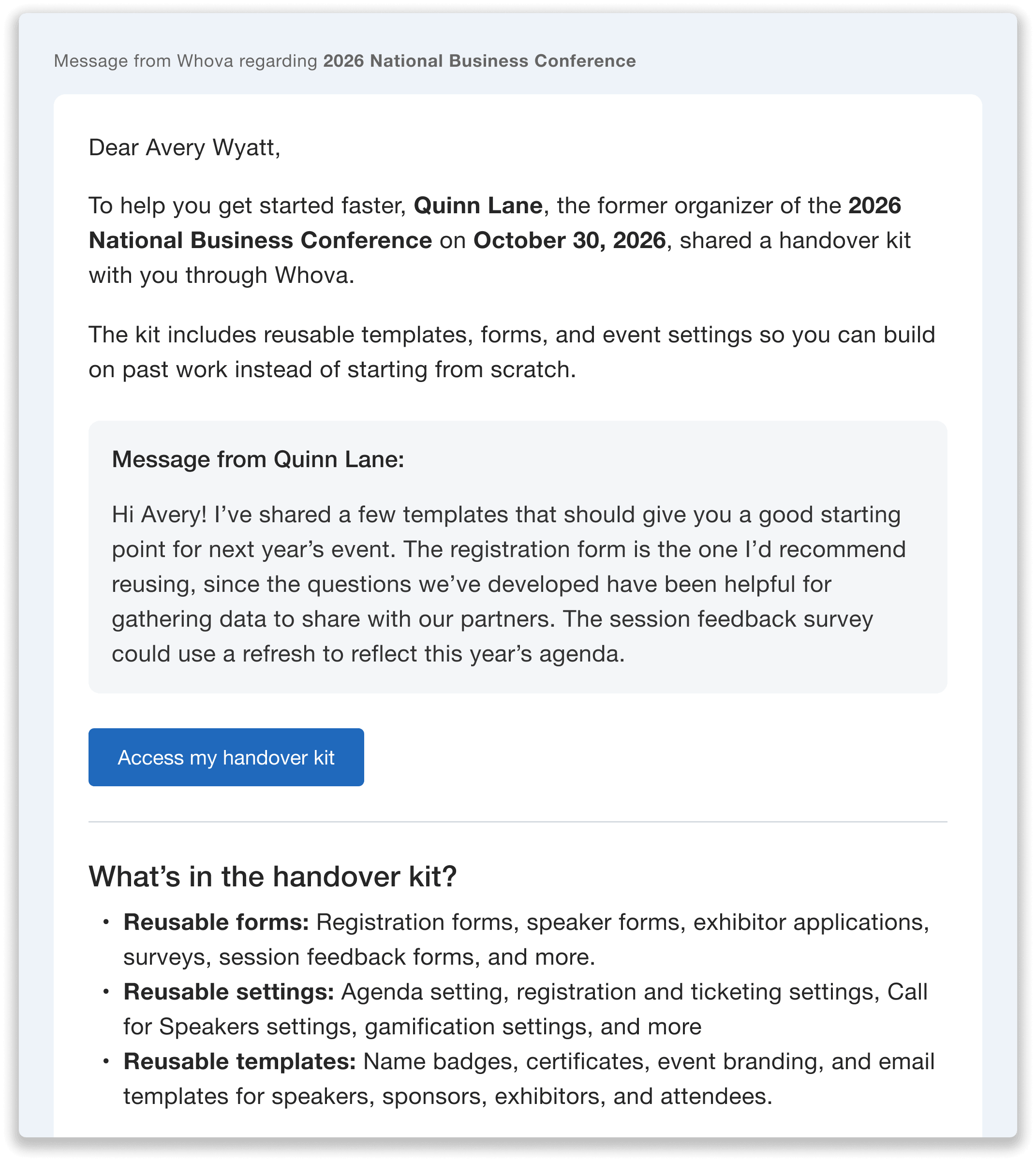 New Organizer Handover Email Sample